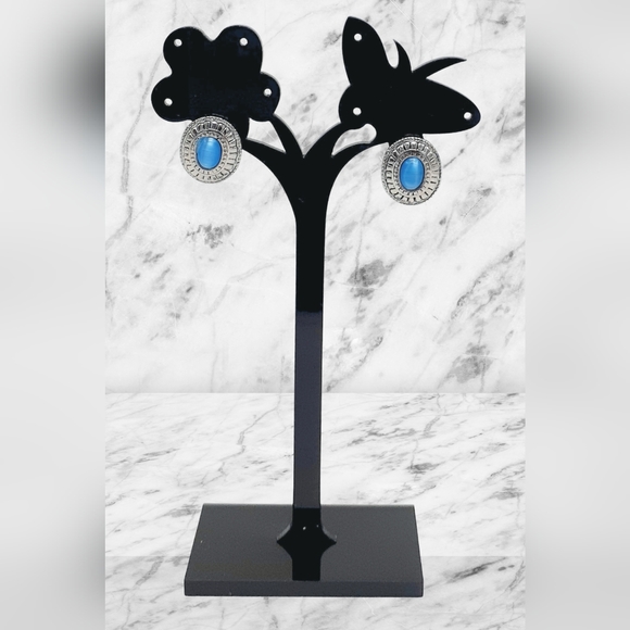 NEW Southwest Inspired Oval Silver and Light Blue Earrings - Picture 5 of 9